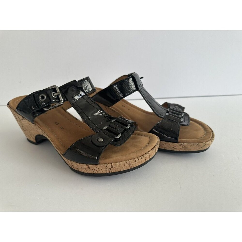 Gabor Womens Black Patent Leather Slip On Sandals UK 6 US 8.5 Cork Wedge Comfy